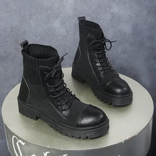 Womens Boots Autumn Fashion British Style Round Toe Woman Socks Boots Women Winter Boots Thicken Non-slip Leather Shoes Boots