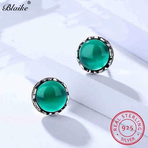 Blaike Vintage 100% Real 925 Sterling Silver Earrings Green Chalcedony Round Stud Earrings For Women Leaf Flower Charm Jewelry