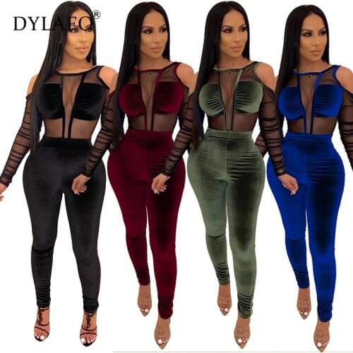 Autumn Winter Women Jumpsuits Rompers Off Shoulder Long Sleeve Velvety Patchwork Mesh Solid Color Skinny Slim Jumpsuits Overalls