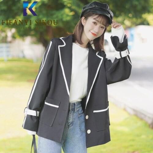 2020 Autumn Women Blazer Jacket Striped Spliced Fashion Single Breasted Black Suit Jacket Pocket Lapel Loose Blazers Coat Female