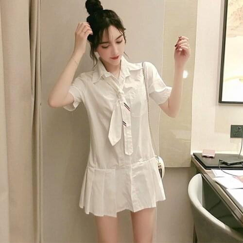 2020 Summer Korean Fan College Wind Women Dresses Short Sleeve Tie Solid Color Mini Long Shirt Dress WomenS Pleated Hem Dress