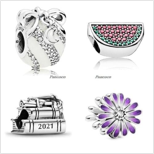 925 Sterling Silver Charm Openwork Purple Daisy Charm Beads Fit Women Pandora Bracelet Necklace Jewelry