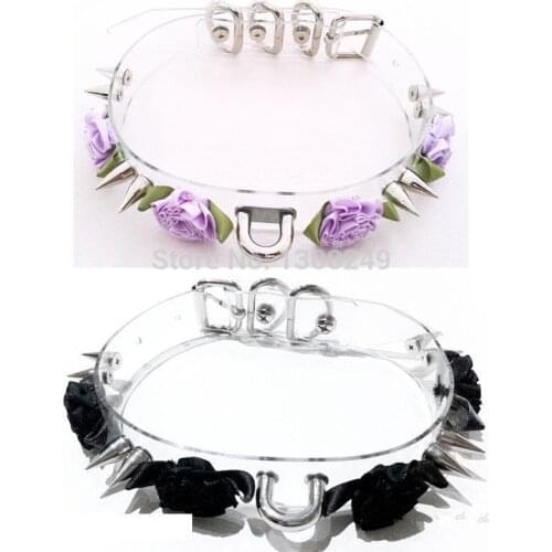 Women Harajuku Sexy Handmade Clear leather Double Spiked Flower Stud Rivets Collar Punk Choker Necklace torque Free shipping
