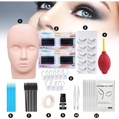 11pcs False Eyelash Extension Training Kit Practice Model Head Eye Pads Tweezers Glue YY Lashes Brush Grafting Eyelash Tools Kit