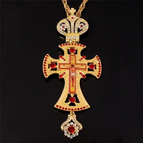 2020 Orthodox greek pastor cross Jesus crucifix pendants necklace rhinestones classic cross chain religious craft supplies