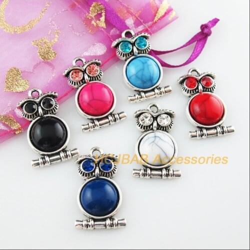 6 New Animal Owl Mixed Charms Stone Tibetan Silver Color Pendant 16.5x28mm
