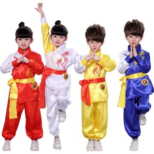Satin Dragon Embroidery Tang Suit Hanfu for Kids Boys Girls Exercise Kungfu Wushu Uniform Chinese Dance Performance Clothing Set
