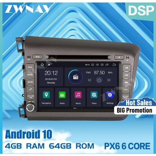 PX6 4G+64G Android 10.0 Car DVD Stereo Multimedia For Honda Civic 2013-2015 Radio GPS Navi Audio Video stereo head unit free map