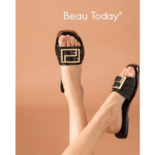 BeauToday Casual Slippers Women Cow Leather Flat Heel Toe Sandals Metal Detailed Female Summer Beach Shoes Handmade 36218