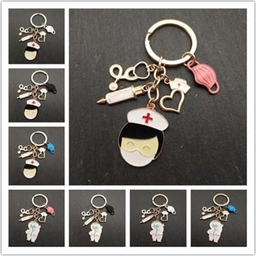 Medical Ambulance Mask Keychain Heart Shaped Nurse Cap Protective Clothing Syringe Stethoscope Keyring Accessories Key Chain