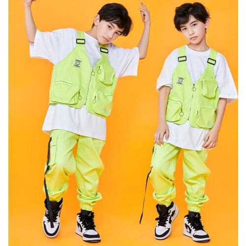 Kids Green Suspender Vest Cargo Pants Suit Dancers Outfits Jazz Dance Costumes Boys Girls Ballroom Hip Hop Rave Clothes DQS7656