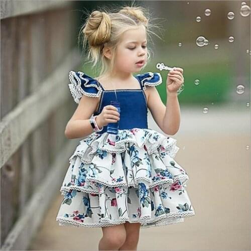 Kids Floral Dress Formal Blue Sleeveless Print Cake Wedding Party Princess Dress Girls Clothing Cute Birthday