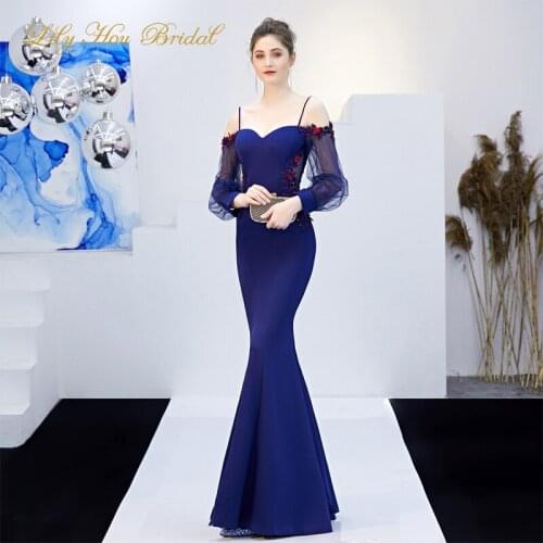 Modest Mermaid Long Evening Party Gowns Spaghetti Straps Off the Shoulder Illusion Sleeves Lace Appliques Wedding Party Gowns