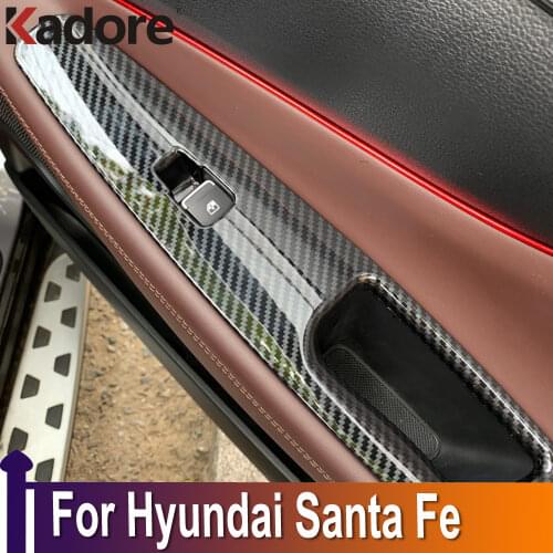 For Hyundai Santa Fe 2019 2020 Carbon Fiber Window Lift Switch Button Cover Trims Door Armrest Panel Frame Interior Accessories