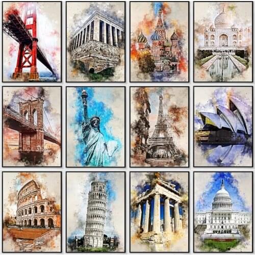 DIY Watercolo Europe City Diamond Painting Rhinestone Cross Stitch Full Square Round Drill Retro Landmark Tower Embroidery Decor