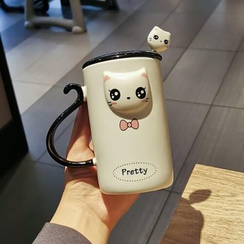 Cute Cartoon Naughty Cat Ceramic Mug Coffee Cup with Lid Spoon Home Office Breakfast Cup Couple Water Cup Gift for Friends