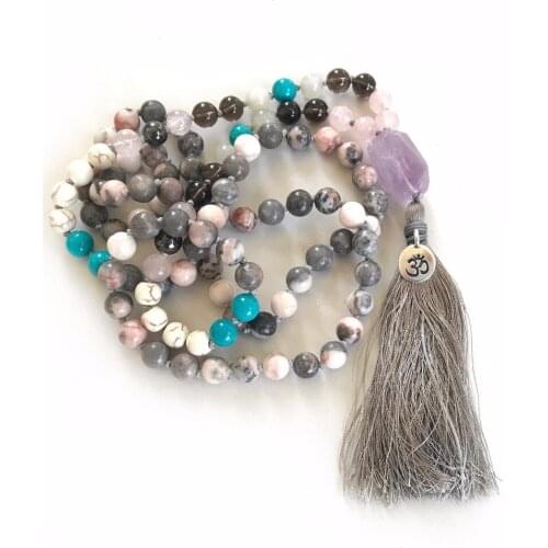 108 MALA NECKLACE Pink Zebra Jaspers Mala Beads Necklace Smokey Quartz Jewelry Meditation Tassel Necklace Prayer Yoga Jewelry