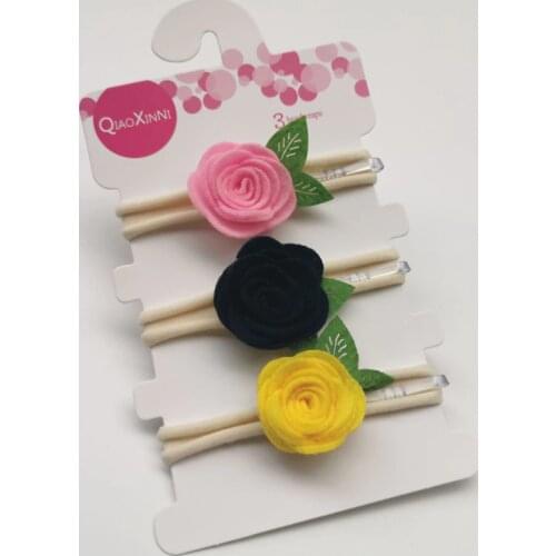 Fashion 3pcs/set Rose Flower with Leaf Newborn Headband Soft Felt Floral Kids Hair Bands Elastic Nylon Infant Headwear Gift