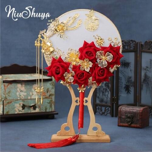 NiuShuya Handmade New Retro Chinese Gold Bridal Bouquets Fan Artifical 3D Flowers Wedding Round Hand Fan Ramo De Novia