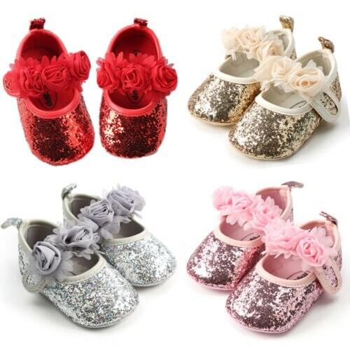 Newborn Baby Girl Sequin Crib Shoes Soft Prewalker Anti-slip Sneaker Girl Princess Sequin Crib Shoes Soft Sole