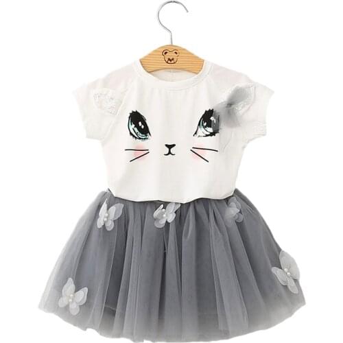 Cat Girls Clothing Set Pure Cotton T-Shirt + Butterfly Applique Mesh Lace Cotton Lining Skirt Suit For Girl Birthday Present