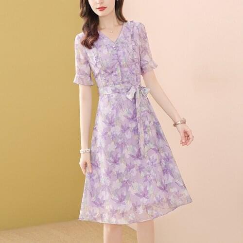 Purple Chiffon Floral Summer Dress Women High Waist beach dress Fashion Printed Sashes Ruffle Button V-Neck Elegant Dresses