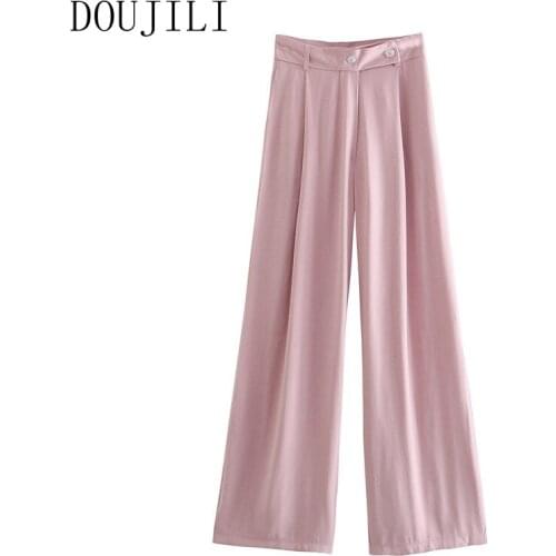 DOUJILI Modern Women Loose Long Pants High Waist Pink Suit Trousers Zipper Fashion Office Ladies Pants