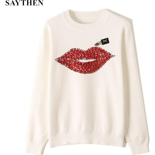 SAYTEHN Harajuku Women Sweater Autumn Winter 2021 Brand Designer Hand Made Diamonds Red Lips Sequined Lipstick Knit Tops