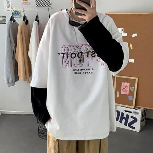 Streetwear Spring Tshirt Women T Shirt Men Loose Upper Clothes Fake Two Pieces Tops Korean Long-sleeved T-shirt Male Students