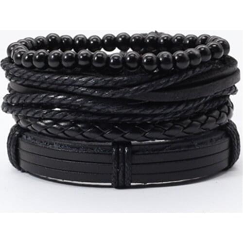 Black Rock Woven Wood Beaded Hip hop Jewelry Leather Men Bracelets Set Women Vintage Bangle Male Homme Jewelry Accessories