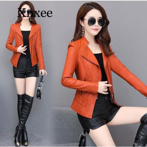 Orange Plus Size Short PU Leather Jacket Women Black Orange Biker Coat Big Size Motorcycle Green Outerwear short coat elegant