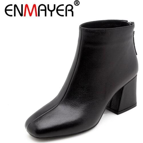 ENMAYER Women Ankle Boots Size 34-39 Causal High Heels Thick Heels Fashion Boots Pointed Toe Shoes woman Leather Zipper CR1245