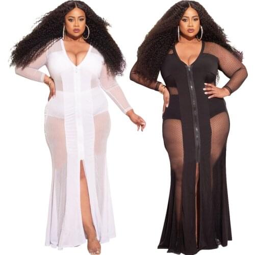 Women Dresses Summer 2021 New Arrival Solid Color Sheer Mesh Patchwork Sheath Maxi Elegant Holiday Party Robe XL-5XL Big Size