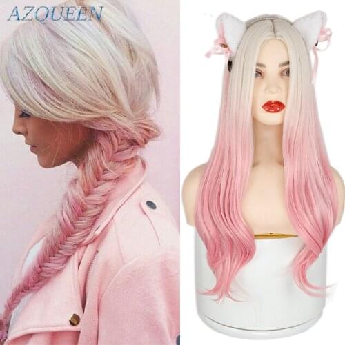 AZQUEEN 26 Inch Long Wavy Synthetic Ombre Blonde Blue Pink Wig Cosplay High Temperature Fiber Hair Womens Wigs