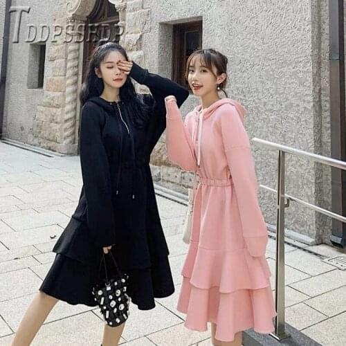 2020 Hooded Autumn Winter New Women Dress Korean Loose Ruffles Female Dresses