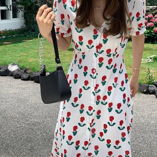 Sweet Print V-neck Print Midi Dress for Women Korean Cute Summer 2021 Women Flower Dress Casual High Waist Dress Vestido 15716