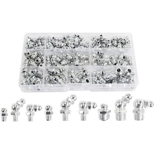 115Pcs Steel Zerk Grease Nipple Fittings Assortment Kit ,Straight, 90-Degree, 45-Degree Angled(M6,M8,M10)