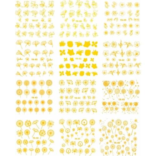 UPRETTEGO 12 PACKS / LOT Gold Silver Water Stickers Metallic Nail Decal Flower GINKO LEAF DANDELION BLOW BALL YK37-48
