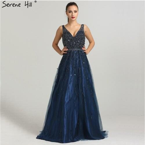 2020 New V-Neck Sexy Tulle Evening Dresses Beading Sequined Fashion Backless Evening Gowns Real Photo LA6444