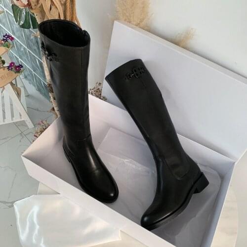 21 Newest Winter Shoes Woman Knight Boots Genuine Leather Knee High Boots Woman Metal Decora Boots Woman Round-Toes Boots Woman
