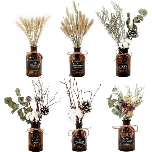 White Cotton Boll Stems Flowers Simple Home Decoration Photographing Ornament Accessories- Dried Flowers Bouquet and Bottle Set