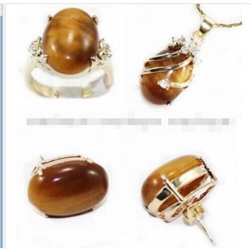 FREE shipping>>>>>>Tigers Eye Natural stone pendant Necklack ring earrings set, Crystal Healing