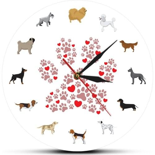 Printable Dogs Wall Art Modern Wall Clock Dog Breeds Animal Home Decor Cartoon Artwork Hanging Wall Watch Puppy Dog Owner Gifts