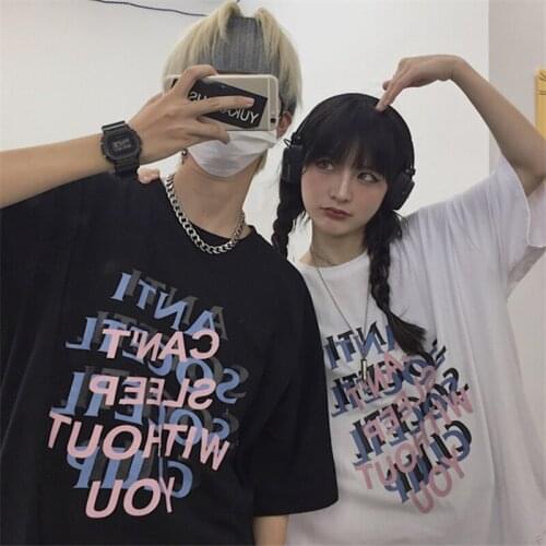 Korean Hip-Hop Hippie Letters Overlap Printing Short Sleeve T-Shirt Couple Vintage Clothes High Street Urban Gothic Womens Top