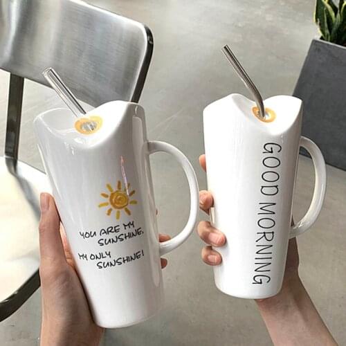 450mL Cute Good Morning/Sunshine Coffee Mug with Stainless Steel/Glass Straw Creative Milk Tea Ceramic Cups Gift for Girlfriends