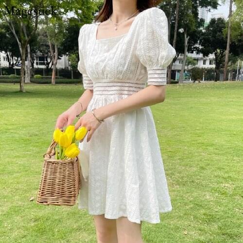 Korean Style Sqaure Collar White Female Dress Summer Vintage Puff Short Sleeve Mini Dress Women Elegant Party Dresses Robe 15022