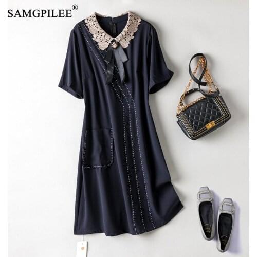 Summer Clothes For Women 2021 New Office Lady A-line Solid Short Sleeve Hook Flower Hollow Peter Pan Collar Plus Size Dresses