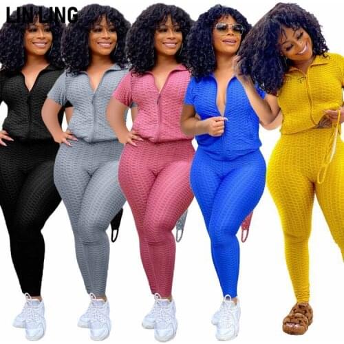 LINLING Women Yoga Outfit 2 Piece Textured Workout Sets Short Sleeve Top Booty Scrunch Leggings Sport Set