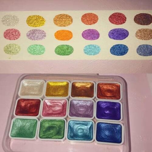 Solid Watercolor Paints Set 12 Colors Textured Pearlescent Pigment Metallic Glitter Acuarela Suit Portable Art Supplies