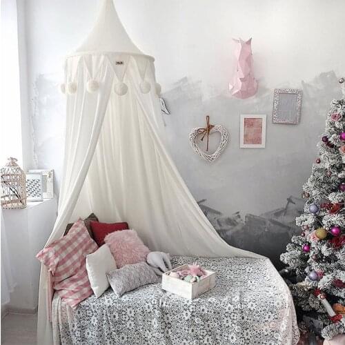 Mountchen Kids Bedroom Canopy With Pompoms Decorative Canopy For Kids Room Decor Baby Girl Boy Nursery Decoration Chiffon White